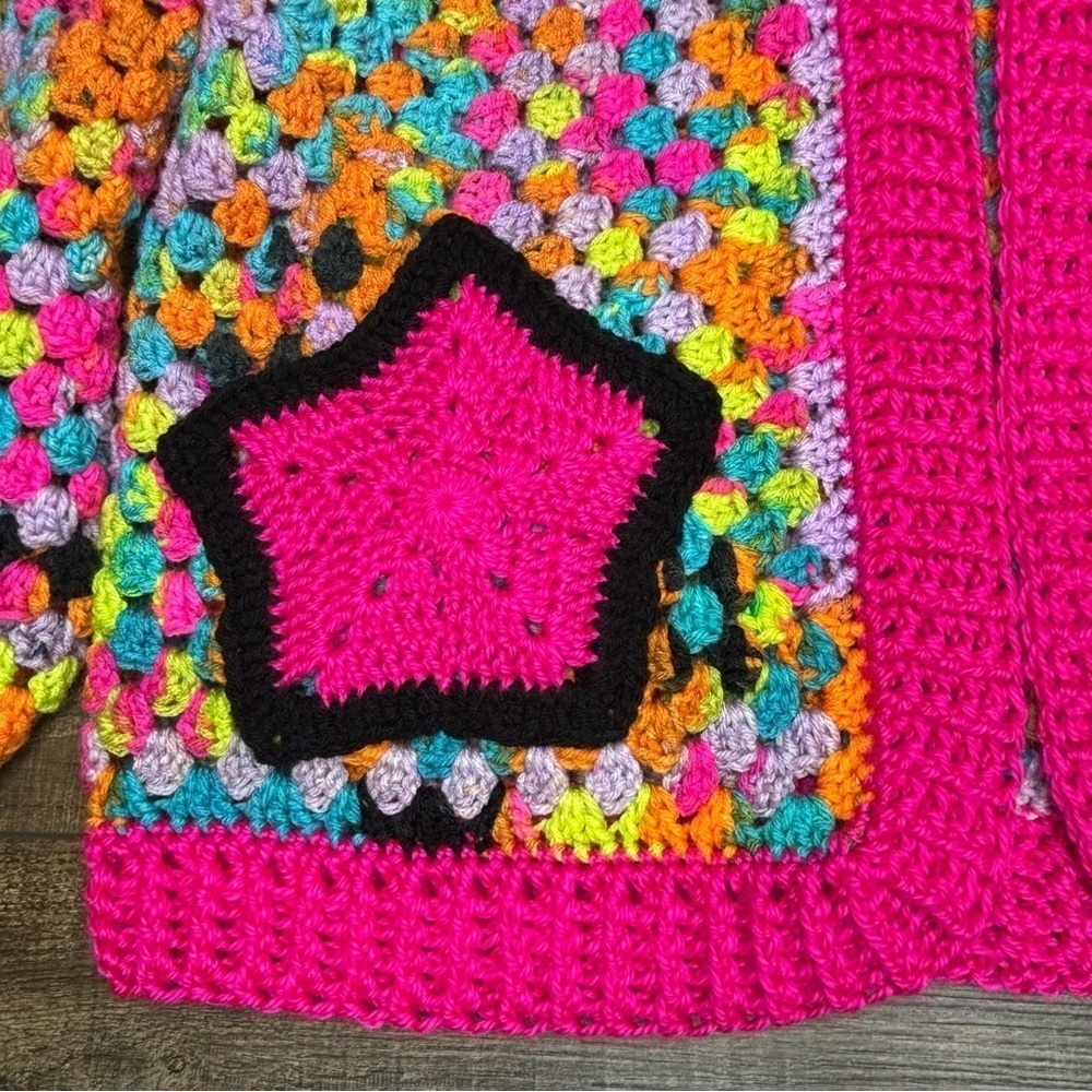 Handcrafted Crochet Hexagon Cardigan Sweater Open Front Wide Sleeve 2 Pockets - Picture 11 of 16